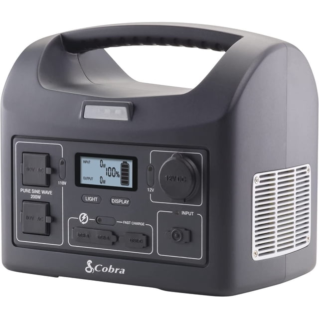 Cobra Station d'Alimentation 200W - Alimentation Portable, Charge Rapide USB, Lampe de Poche LED, Prises AC, 200W Pure Sine Wave, Prise 12V, Câbles AC et 12V, Compatible avec Panneau Solaire