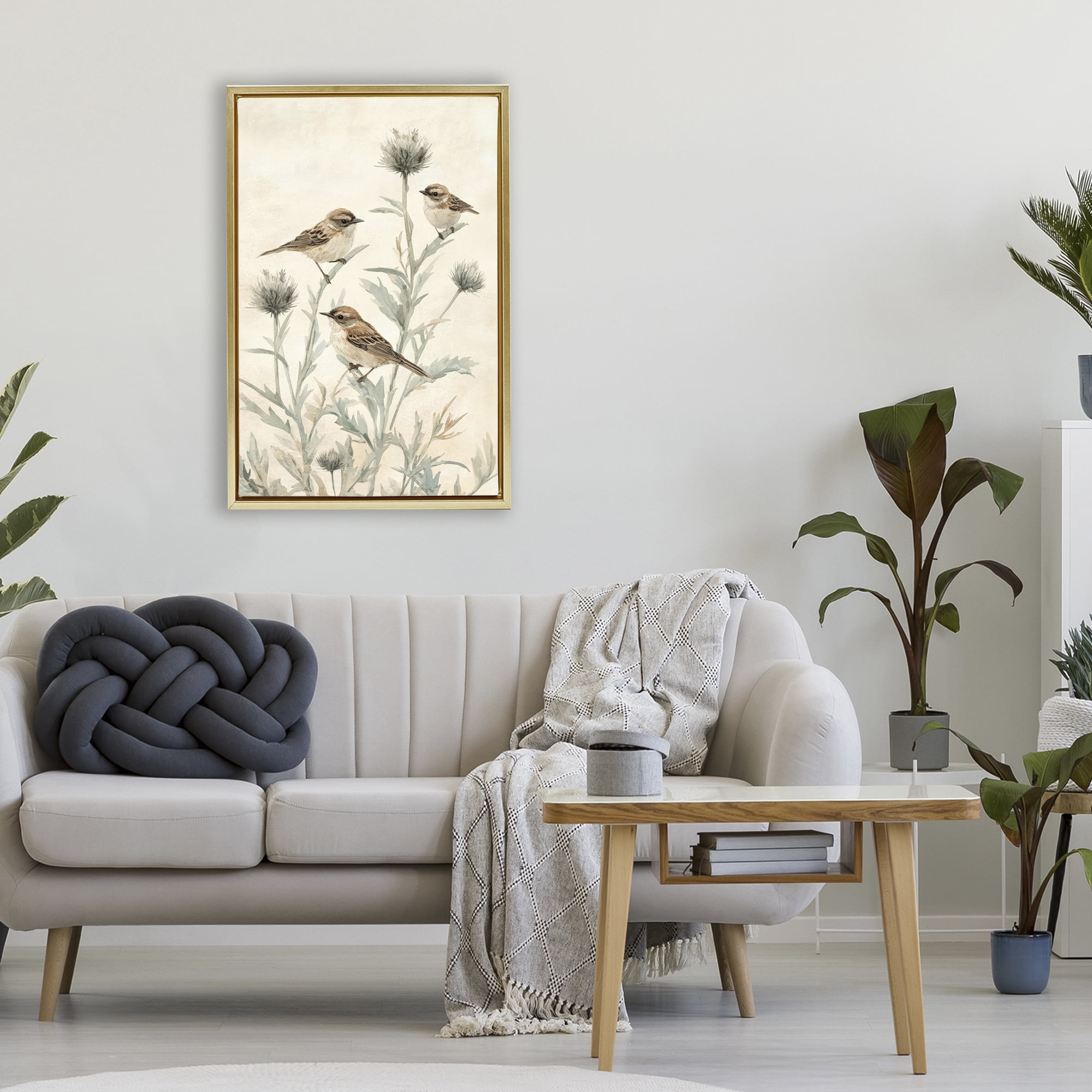 Stupell Industries Sparrows on Thistle Stems Gold Framed Floater Canvas Wall Art, design by Petal Prints Design