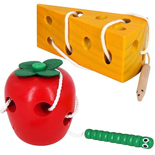 Juguetes de desarrollo temprano Juguetes de cordones de madera Actividad Montessori Las orugas comen manzanas y queso para niños Juguetes Niños aprendiendo bloques de madera educativos Rompecabezas de