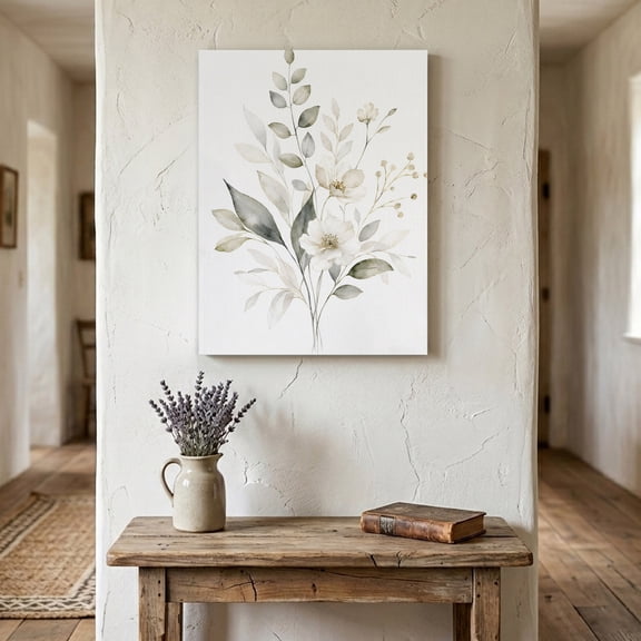 White Floral Canvas Wall Art for Living Room Bedroom Bathroom, Botanical Elegant Flower Eucalyptus Leaf Minimalist Canvas Art Wall Decor, Artwork for Walls Home Office Decor, 16"x20"