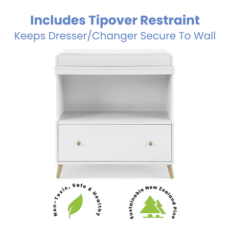 Delta Children Essex Convertible Changing Table with Drawer, Greenguard Gold Certified, Bianca White/Natural
