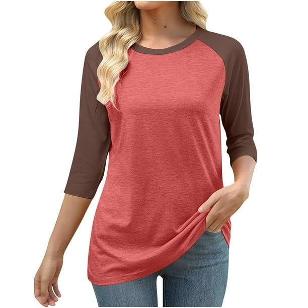 HongQid Long Sleeve Shirts for Women Color Block Raglan Tops Casual Crewneck Basic Tees Fall Clothes Fashion