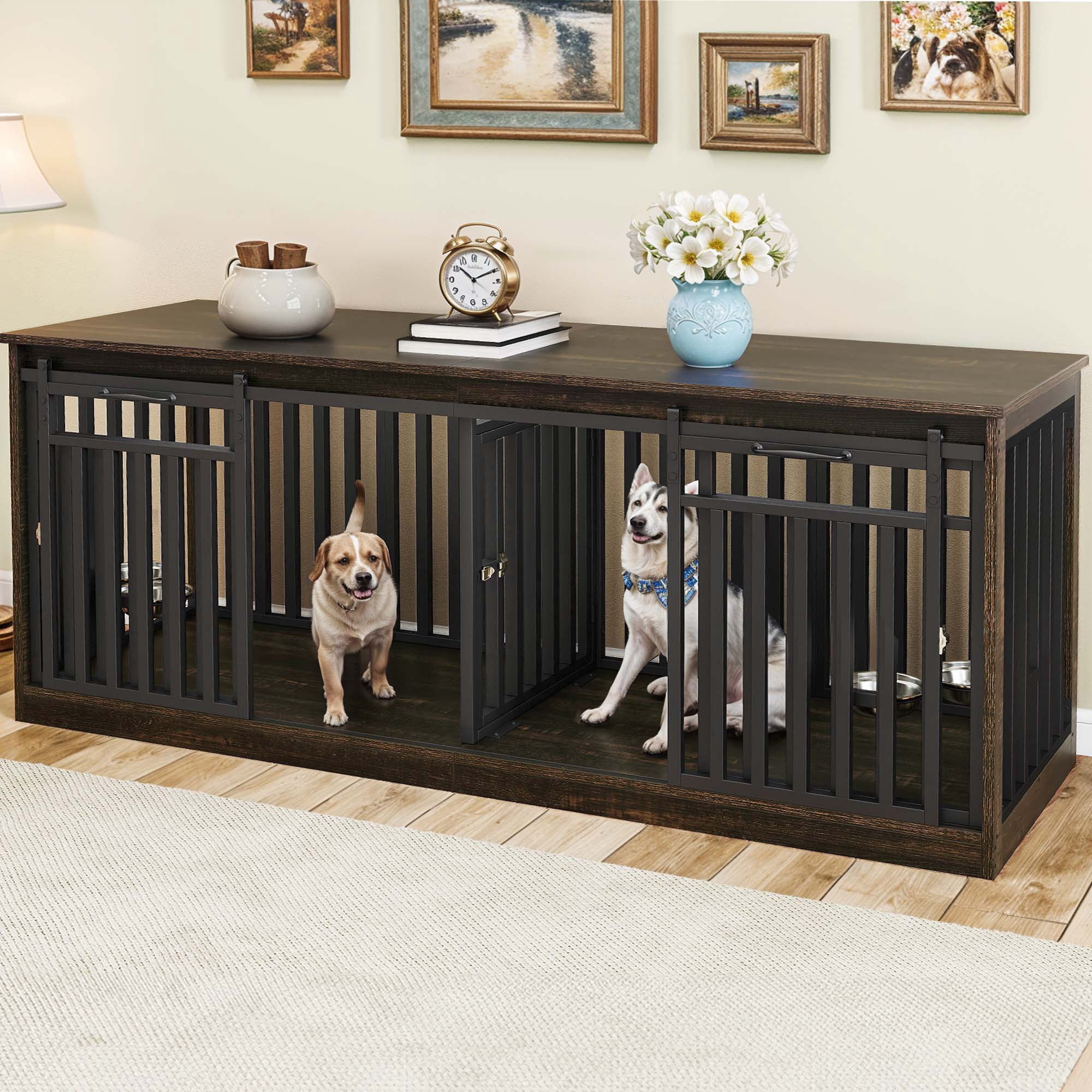 Dextrus 71" Dog Crate Furniture with 4 Dog Bowls for 2 Dogs, Heavy Duty Wooden Dog Kennel Crate TV Stand - Black Oak
