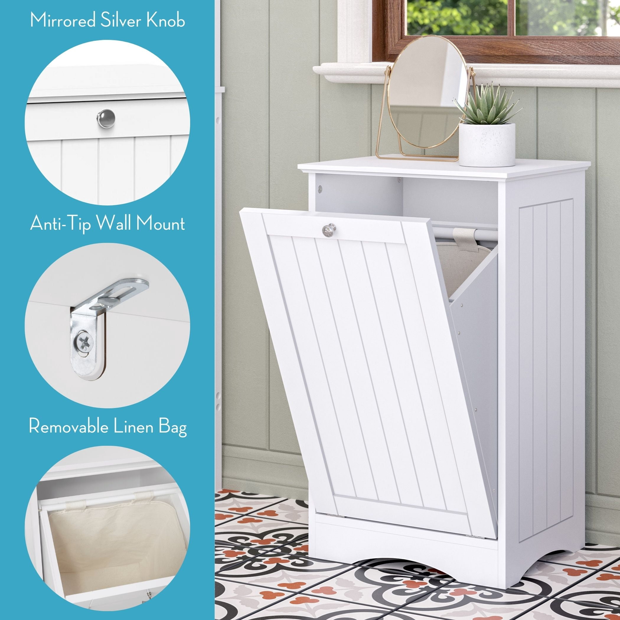 RiverRidge Ashland Tilt-Out Laundry Hamper Cabinet with Cloth Storage Bag - White
