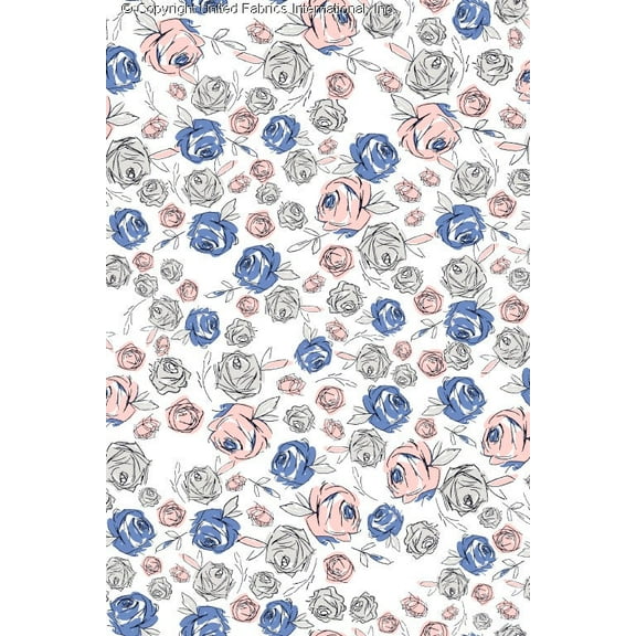 Chiffon Printed Elven Sketch Floral Fabric Sheer Rose Print Dress Fabric (PINK/BLUE/GREY, HalfaYard)