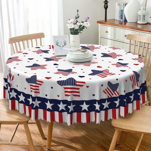 MIZHONA 4th of July Round Tablecloth,Independence Patriotic Table Cloth for Kitchen Party Outdoor Decor,60"