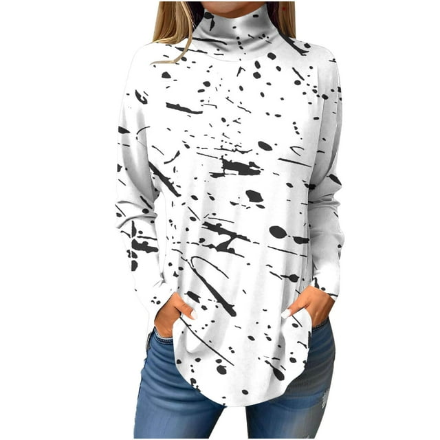 FAIWAD Plus Size Tops for Women Long Sleeve Round Neck Print Slim Stretch Pullover Tops