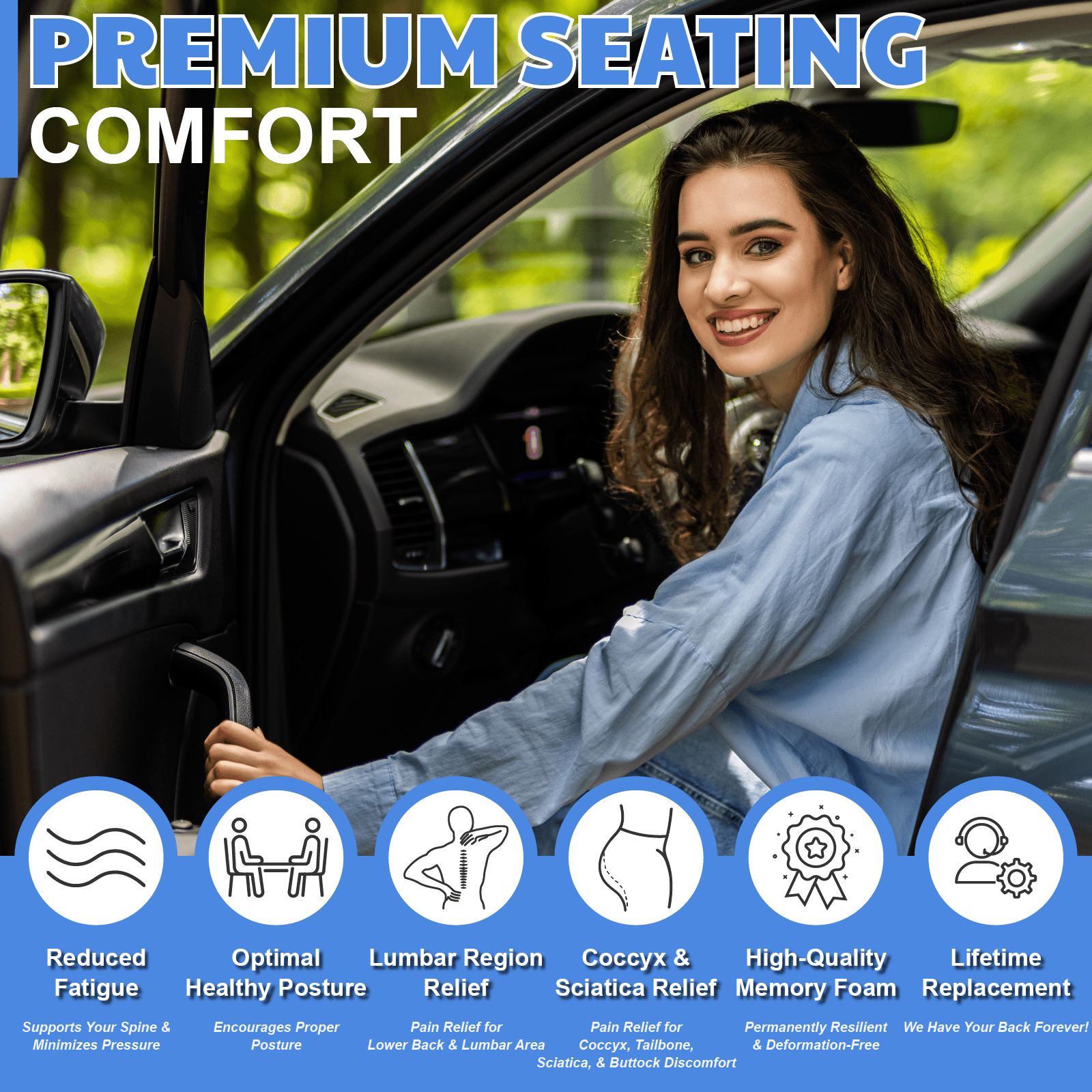 Maxphenix Memory Foam Car Seat Cushion with Back Support, 19"L x 1.2"W x 20"H