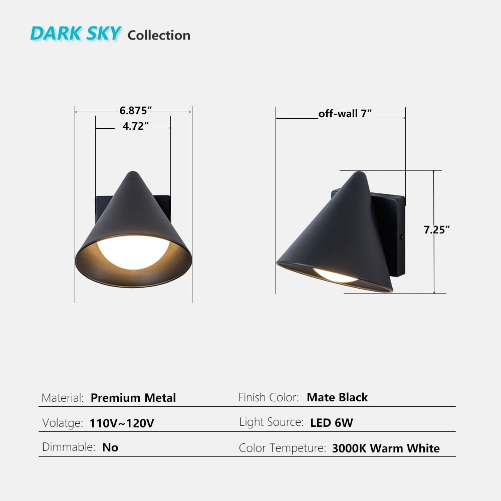 Dark Sky Mate Black Outdoor Led Wall Sconces Set of 2,6W Warm white