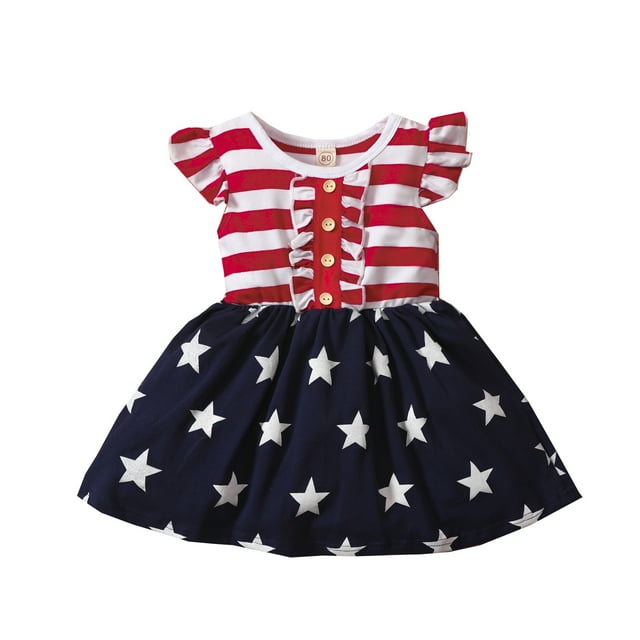 ZAXARRA Girls Dress Stripe and Star Printed Pattern Round Collar One-piece