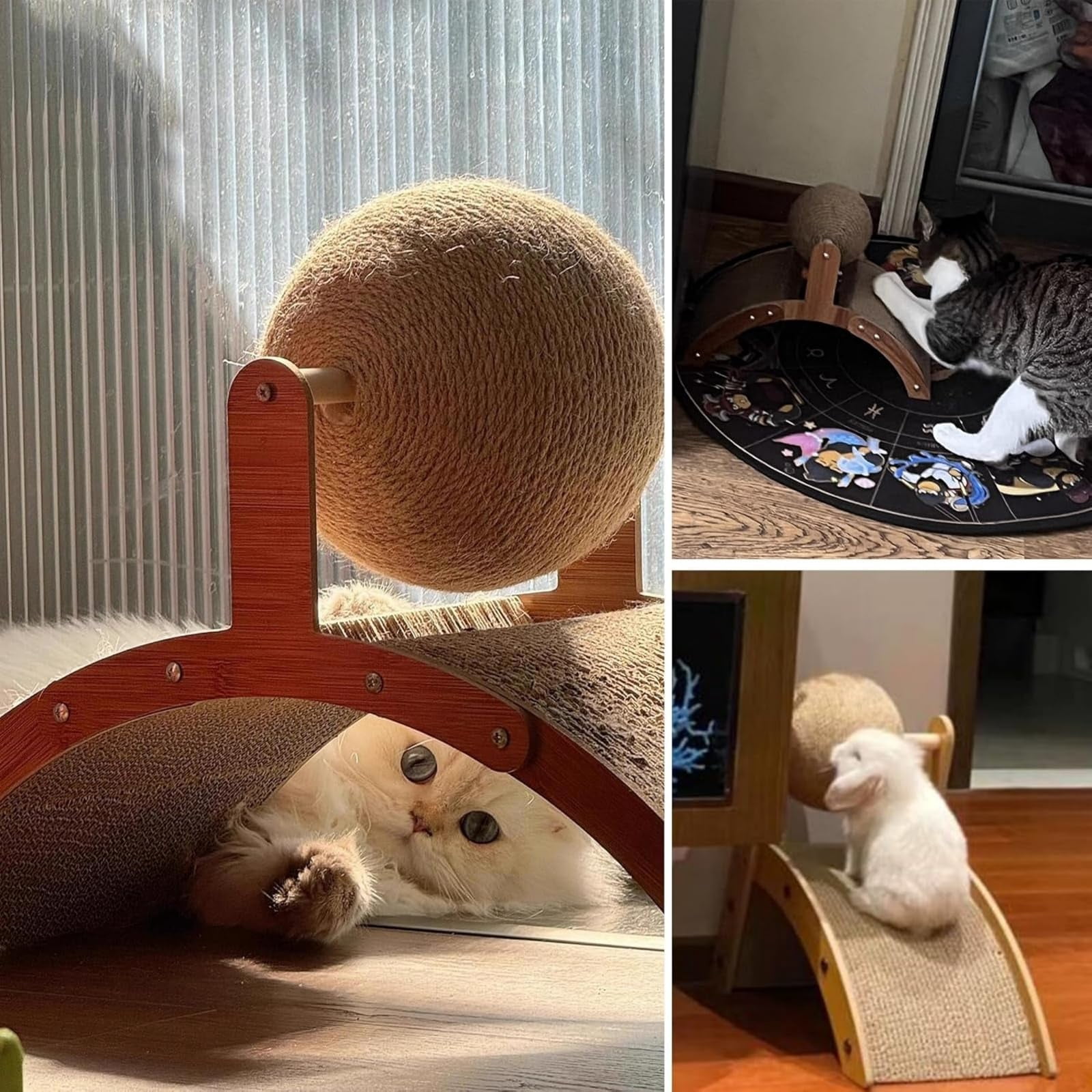 Cat Scratching Ball Toy with Stand, Interactive 360° Rotating Sisal Scratch Post with Arch Bridge Balls, Indoor Cat Scratcher for Exercise, Play & Furniture Protection
