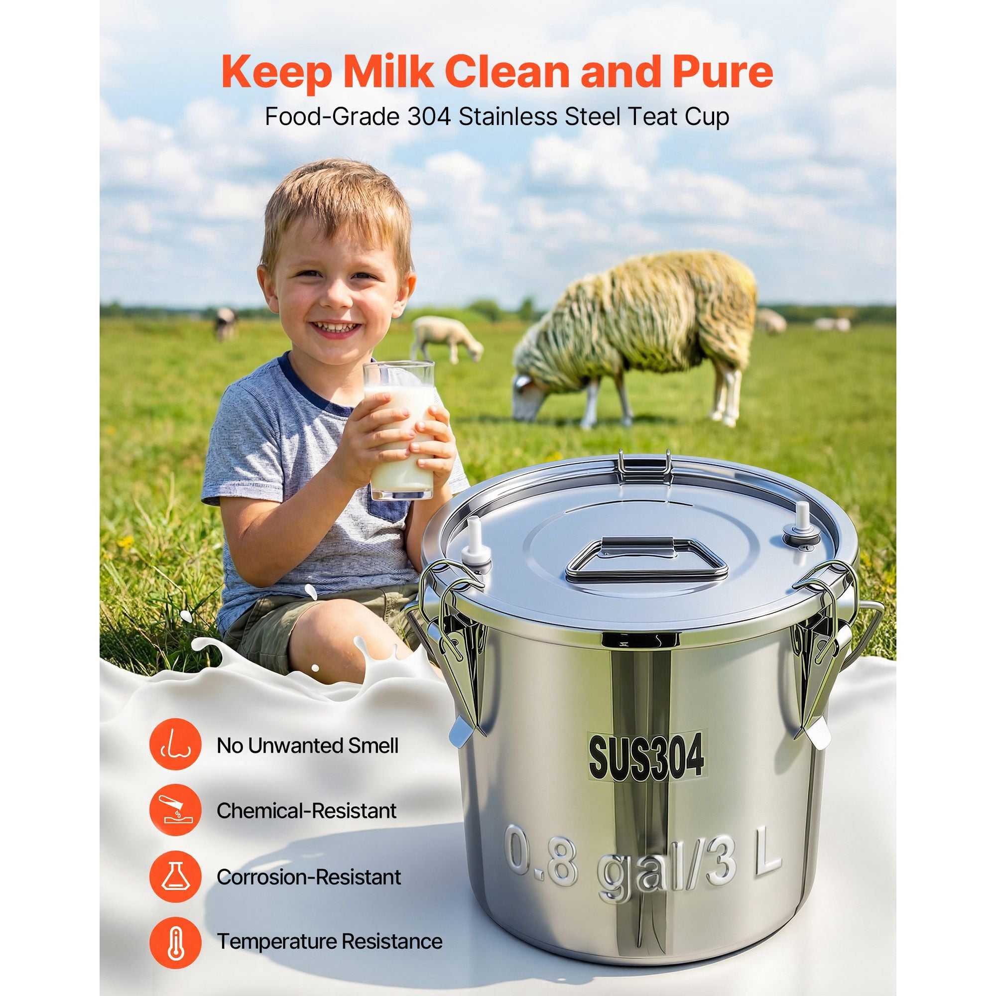 Cordless Goat Milking Machine with 5200mAh Battery, 0.8 Gal Stainless Steel Bucket, 2 Teat Cups, Adjustable Suction 35-45 kPa