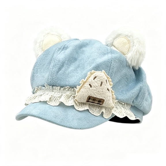 WGRFFH Y2K Cutecore Kawaii Beret Hat for Women Adult Strawberry Cake Suede Cat Ears Cap Sweet Lolita Style,Cute Plush Octagonal,Lace Bow Ornament,2000s Clothes Accessories Blue