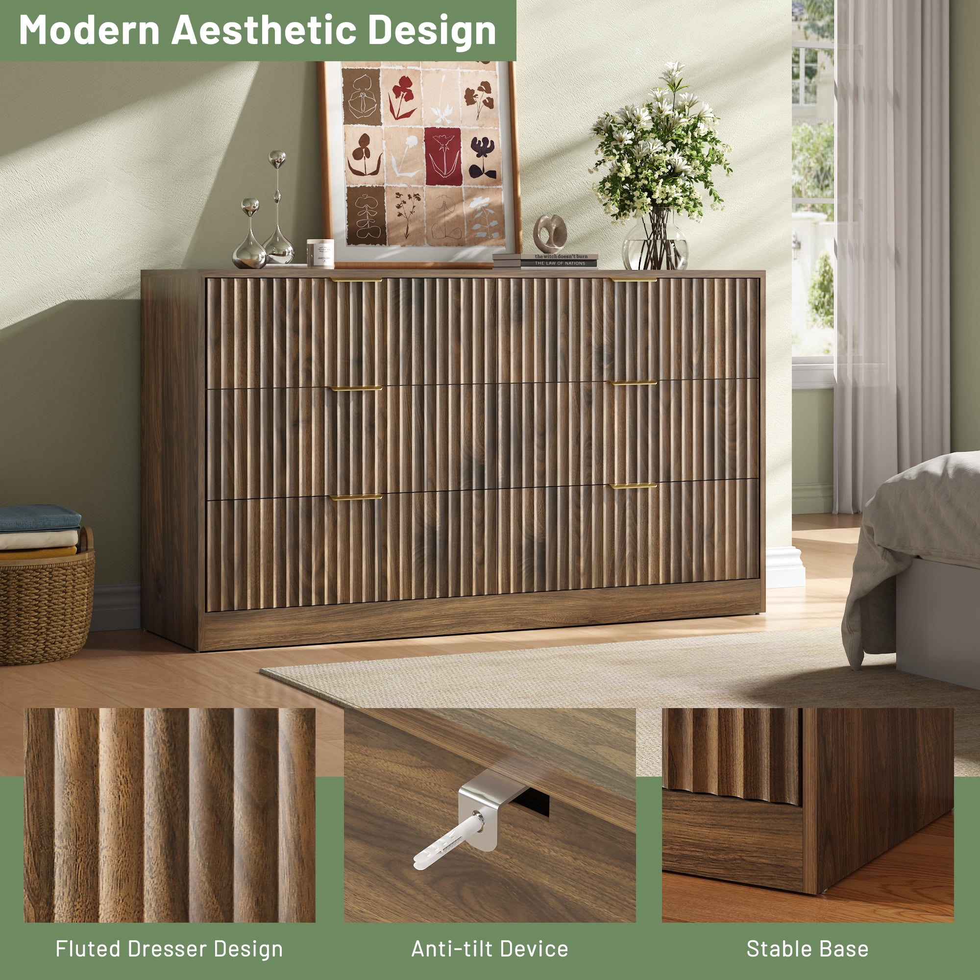ASTUVIA 55.1" W Fluted 6 Drawer Dresser for Adult,Wooden Bedroom Dresser,Dresser TV Stand up to 65" for Living Room,Brown