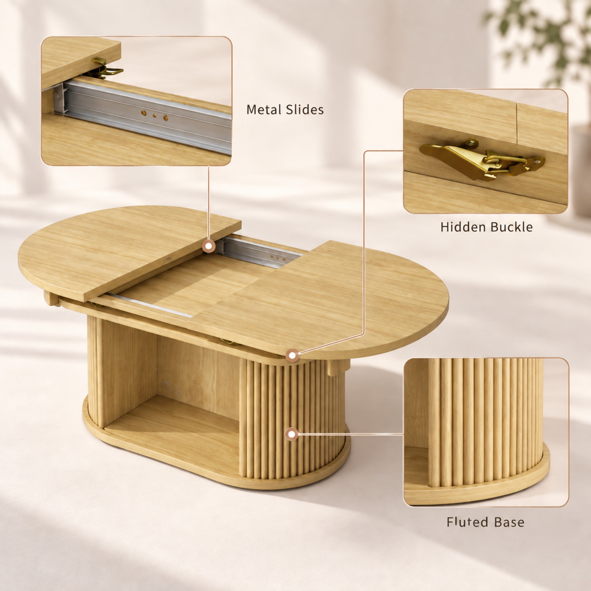 Lacoo Extendable Oval Coffee Table with Storage, Fluted Base with Cubby for Living Room, Den, Beige
