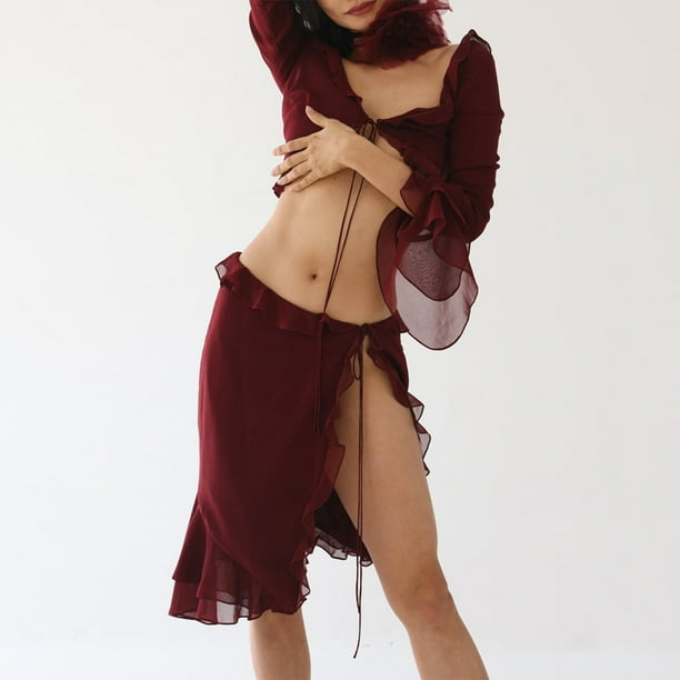 Conjunto de falda de 2 piezas para mujer Top corto de gasa de Color sólido falda corta traje de fiesta para discoteca FLhrweasw Nuevo