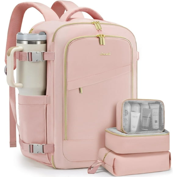 40L-4 pcs PinkTravel Backpack for Women, 40L Carry On Backpack for Airplanes, Personal Item Bag for Airlines Fits 17 inch Laptop,TSA Approved Luggage with 3 Packing Cubes,Waterproof Weekender Gym back