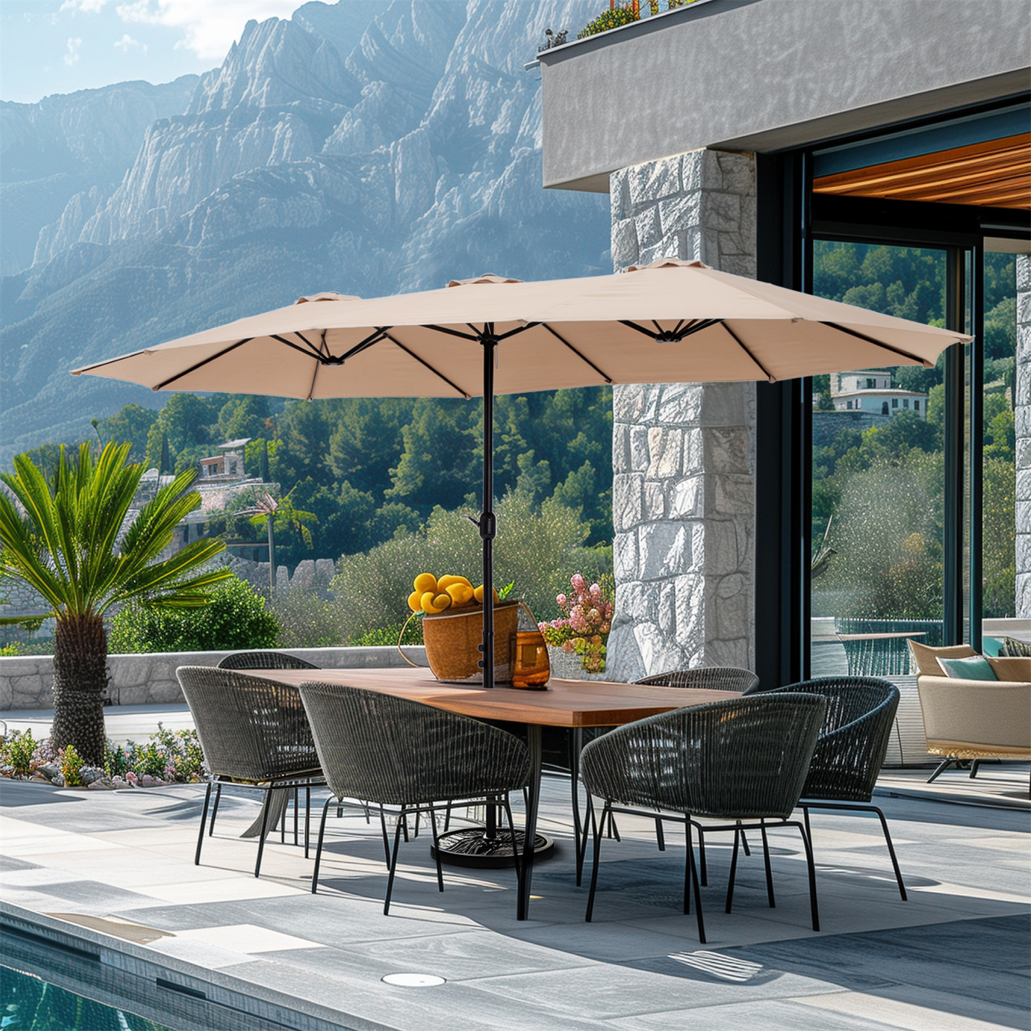 Summit Living 15ft Double-Sided Rectangular Patio Umbrella, Beige photo 8