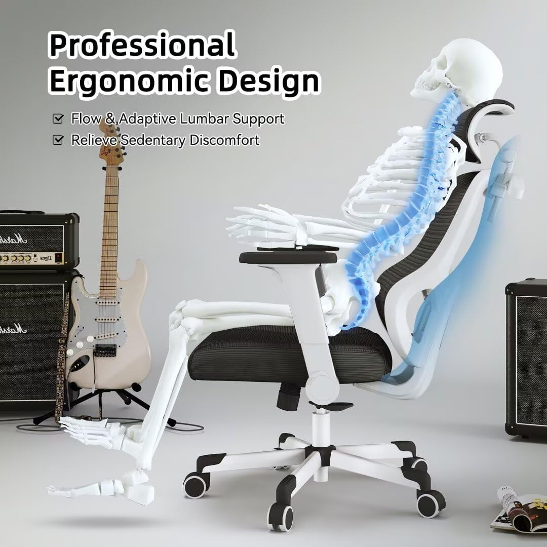 Frelaxbone Adult Mesh High Back Indoor Residential Adjustable Armrest Office Chairs, Caster  White