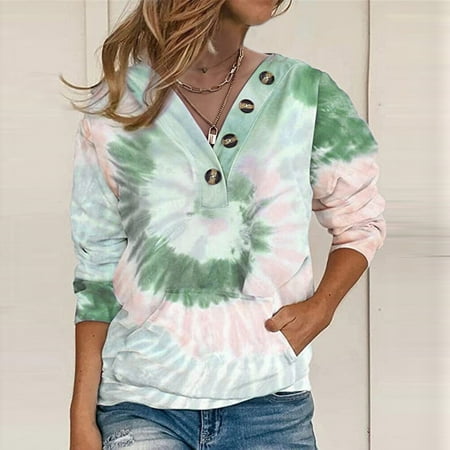 

Simplmasygenix Hoodies for Women Plus Size Women Fashion Loose Tie-Dye Printed Buttoned Long Sleeve Sweatshirt Tops