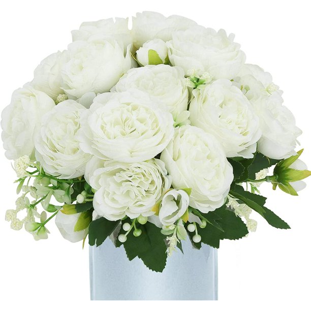 6 Bunches Artificial Peonies Fake Flowers Bulk,Boho , Faux White Silk