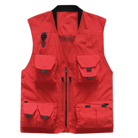 Olyvenn Men s Fall Lightweight Breathable Quick Dry Mesh Multi-Pockets Utility Vest Safari Travel Photographer Fishing Vest Waistcoat Red 10