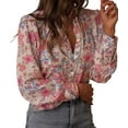 thumbnail image 2 of Women Floral Long Sleeve Button Up Blouse V Neck Dressy Casual Elegant Work Shirt Blouse Flower Color XL, 2 of 9