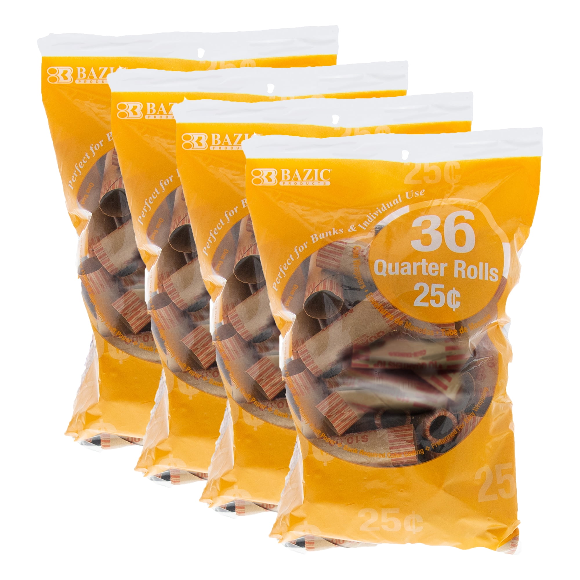 BAZIC Quarter Coin Wrappers Rolls, Made in USA Coins Tubes (36/Pack), 4