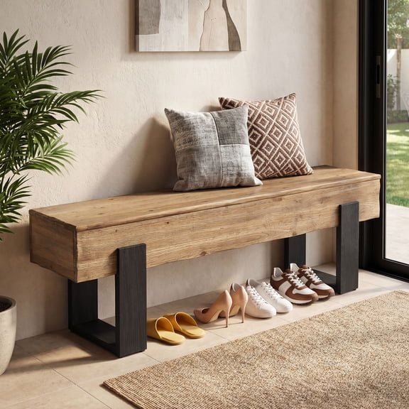 Finmind 63-Inch Solid Wood Entryway Bench, Farmhouse Indoor Shoe Bench with Thickened Legs, Heavy Duty Wooden End of Bed Benches for Entry, Bedroom, Hallway, Living Room, Brown