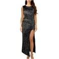 thumbnail image 2 of qolati Women's Sparkled Sequin Maxi Dress Sexy High Split Hem Sleeveless Prom Dress Trendy Crew Neck Bodycon Cocktail Party Formal Dress, 2 of 5