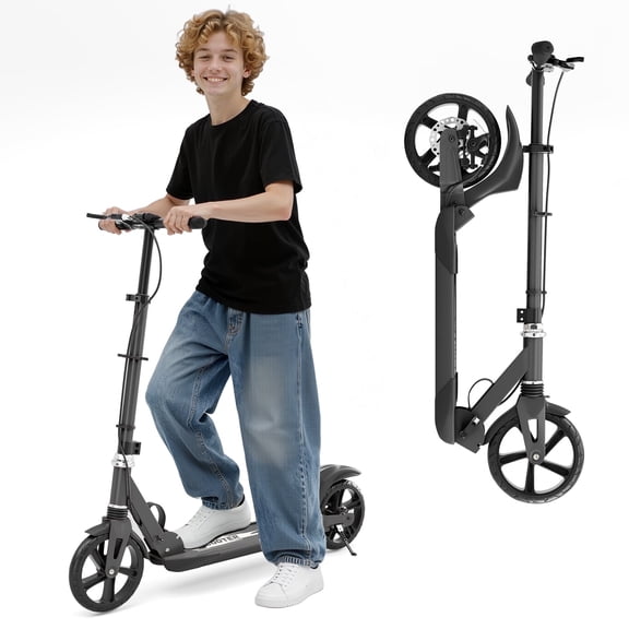 Kick Scooter for Teens & Adults, Lightweight Scooter with Hand Brake & 8" Big Wheels, 4 Adjustable Heights, Smooth ABEC-7 Bearings, Supports Up to 280 lbs, Ideal for Commuting or Leisure Rides, Black