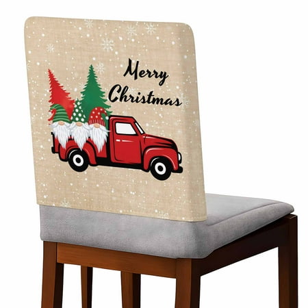 Merry Christmas Chair Covers Set of 1 Xmas Trees Gnomes on Red Truck Winter Snowflakes Linen Texture Chair Back Covers Stretch Removable Slipcovers Protector for Dining Room Kitchen Party Decor