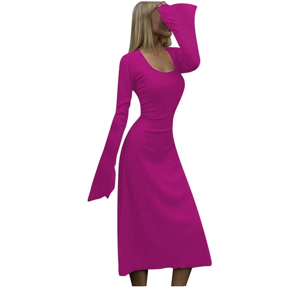 Dress for Women Women Spring Sexy Casual Round-Neck Solid Long Leeve Dress Casual Dress for Women