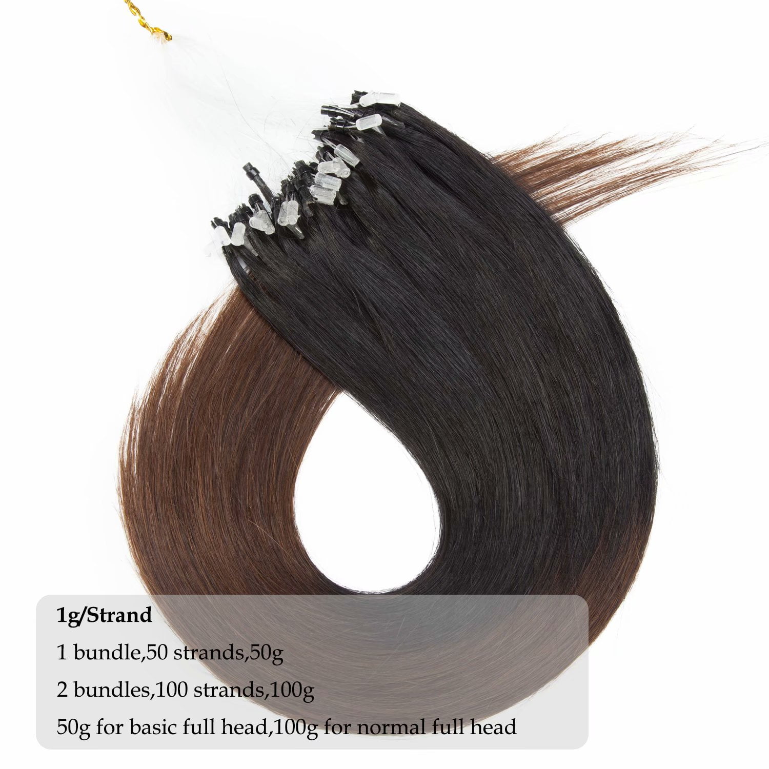 Benehair 100g Micro Ring Human Hair Extensions Micro Ring Beads 100% Remy Hair Extension Micro Link Hair Ombre Brown 1g/s Easy Loop In 16"-24"