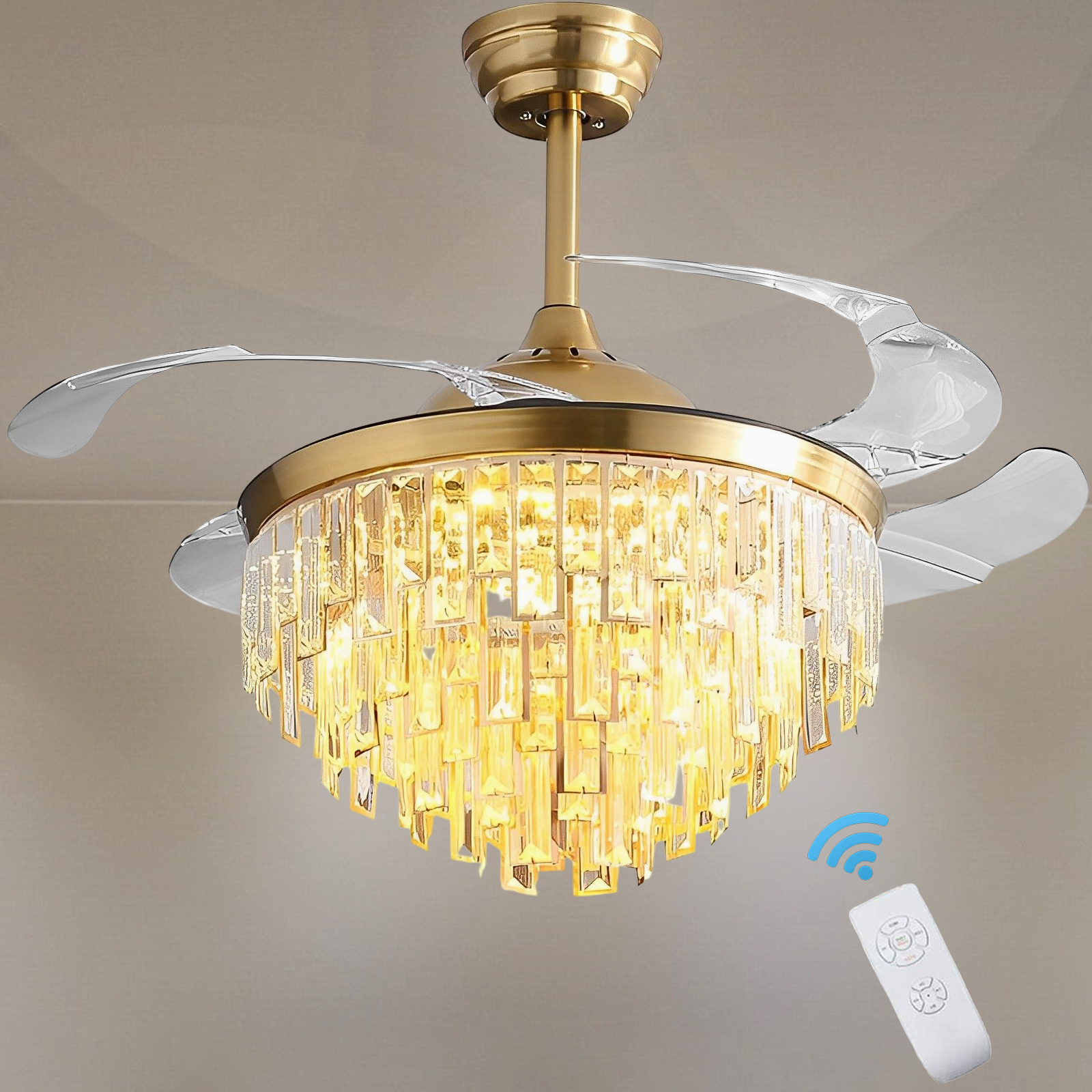 FINE MAKER 42" Crystal Ceilng Fan with Light Remote 3 Speed Retractable