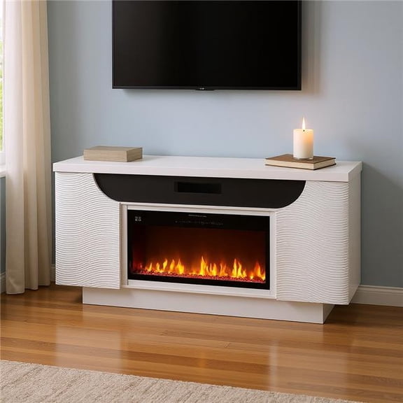 HomeRoots 643644 76 in. White Ribbed Wood Electric Storage Cabinet Fireplace with LED & Speaker