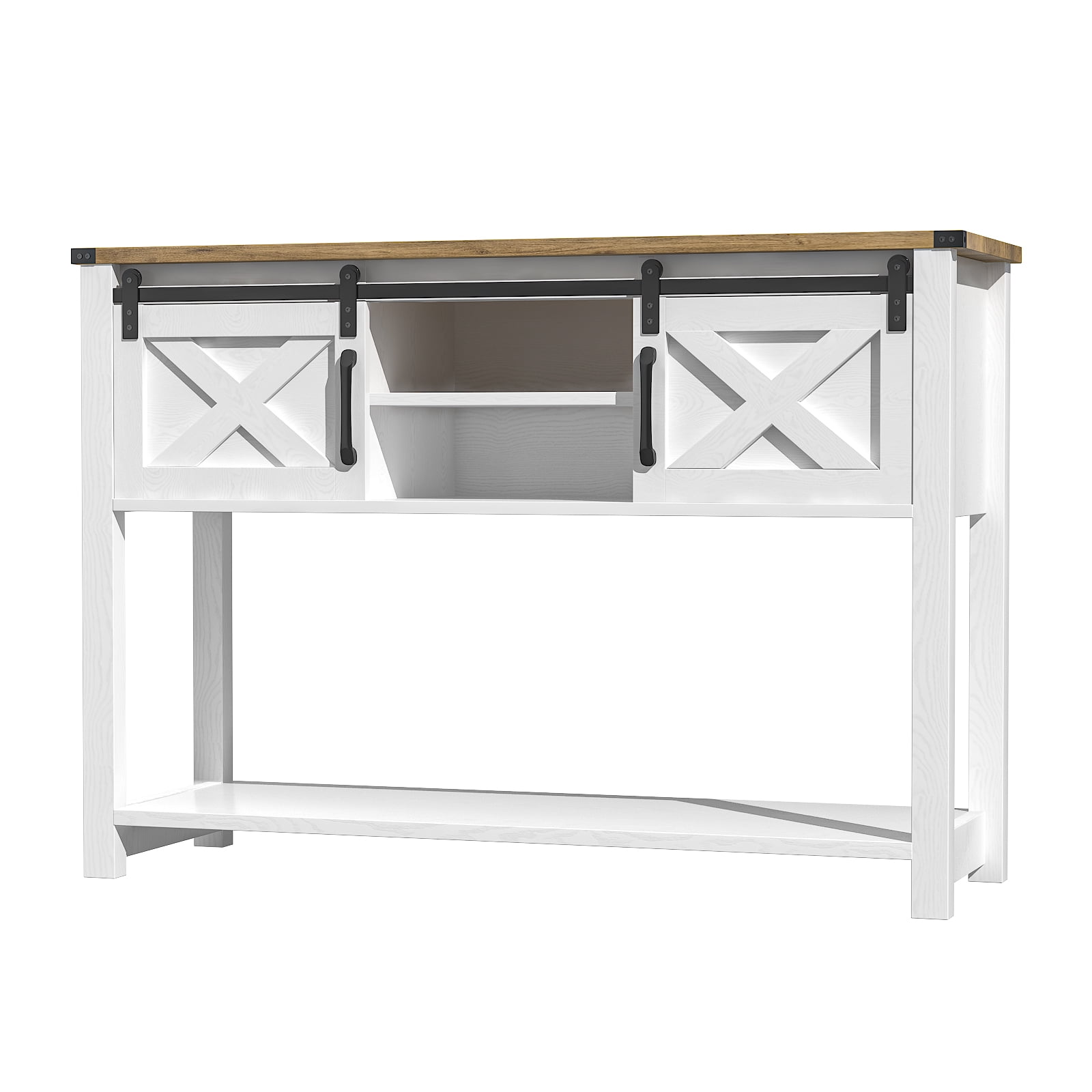 EVOKEDEN Farmhouse Entryway Table w/ LED Light & Sliding Barn Door, Adjustable Open Shelves, Antique White Hallway for Living Room Bedroom