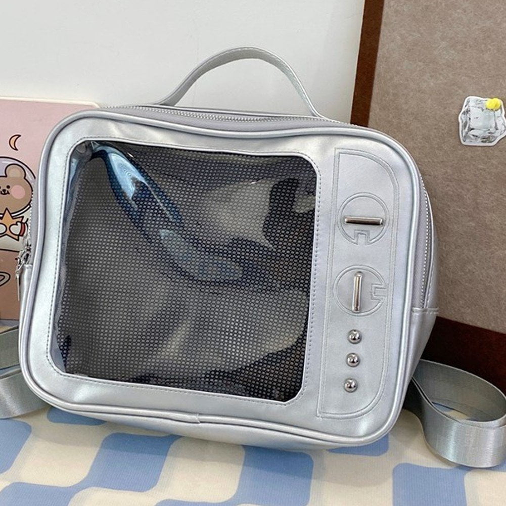 Slccxzc Silver TV Design Ita Bag PU Leather Pin Display Backpack Crossbody Shoulder Bag
