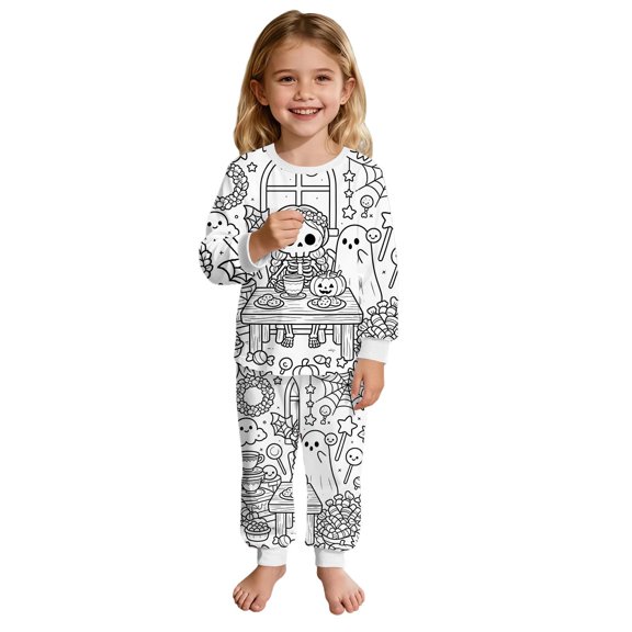Yuncity Girls Pajamas Halloween Diy For Children Autumn Winter Long Sleeve Jammies Casual Pjs Cozy Comfortable Loungewear Pajama Set Size 2-3 Years White