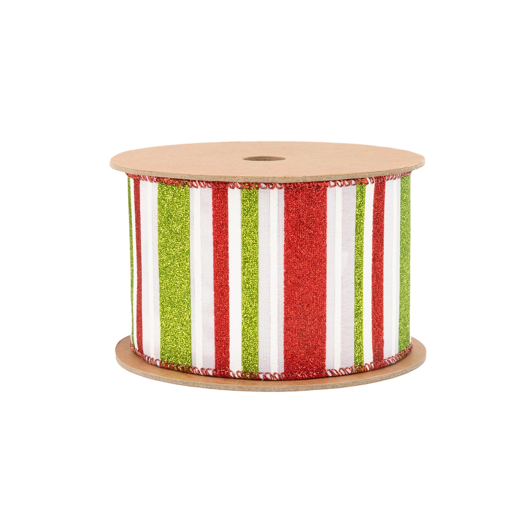 LaRibbons 2 1/2" Wired Ribbon, Red, Green, White Horizontal Glittered Stripes on White, 10 Yard Roll