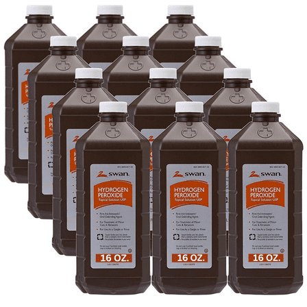 Swan Hydrogen Peroxide Antiseptic Topical Solution Stops 99.9% of Bacteria 16 Fluid Ounces (Pack of 12)