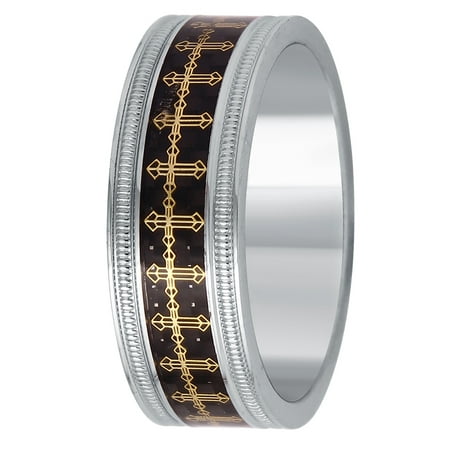 Men's Stainless Steel 8MM Gold Tone Cross on Carbon Fiber Wedding Band - Mens Ring