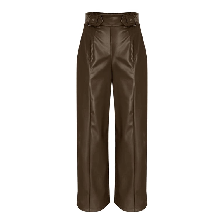 faux leather dress pants Ryrjj Women's Faux Leather Pants High Waisted Wide Leg Dress Pants with Pockets Front Pleated Party Club Trousers(Brown,L), Size: Large