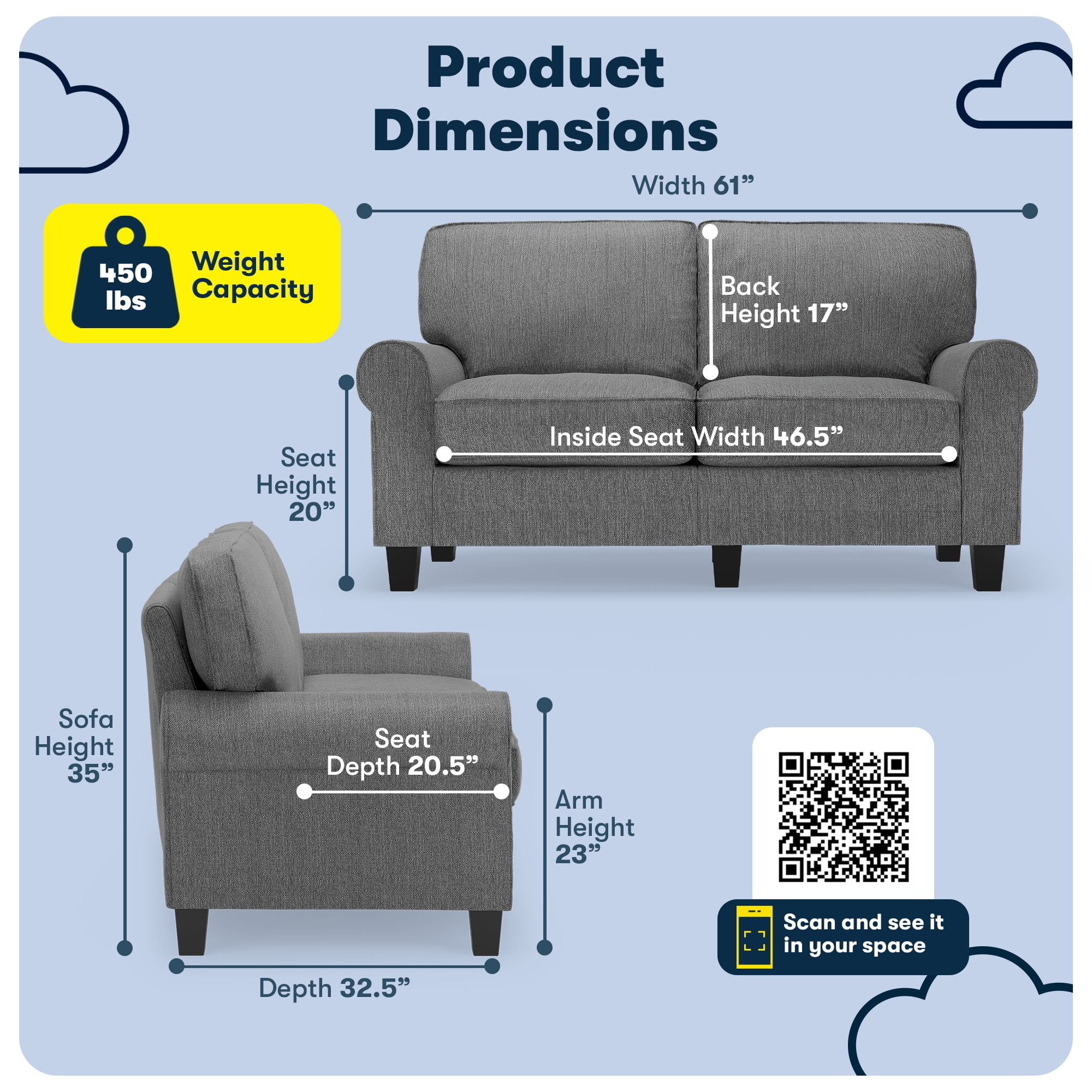 Serta Copenhagen 61" Rolled Arm Sofa, Easy Care Polyester, Loveseat or Couch for Small Spaces, Dark Gray