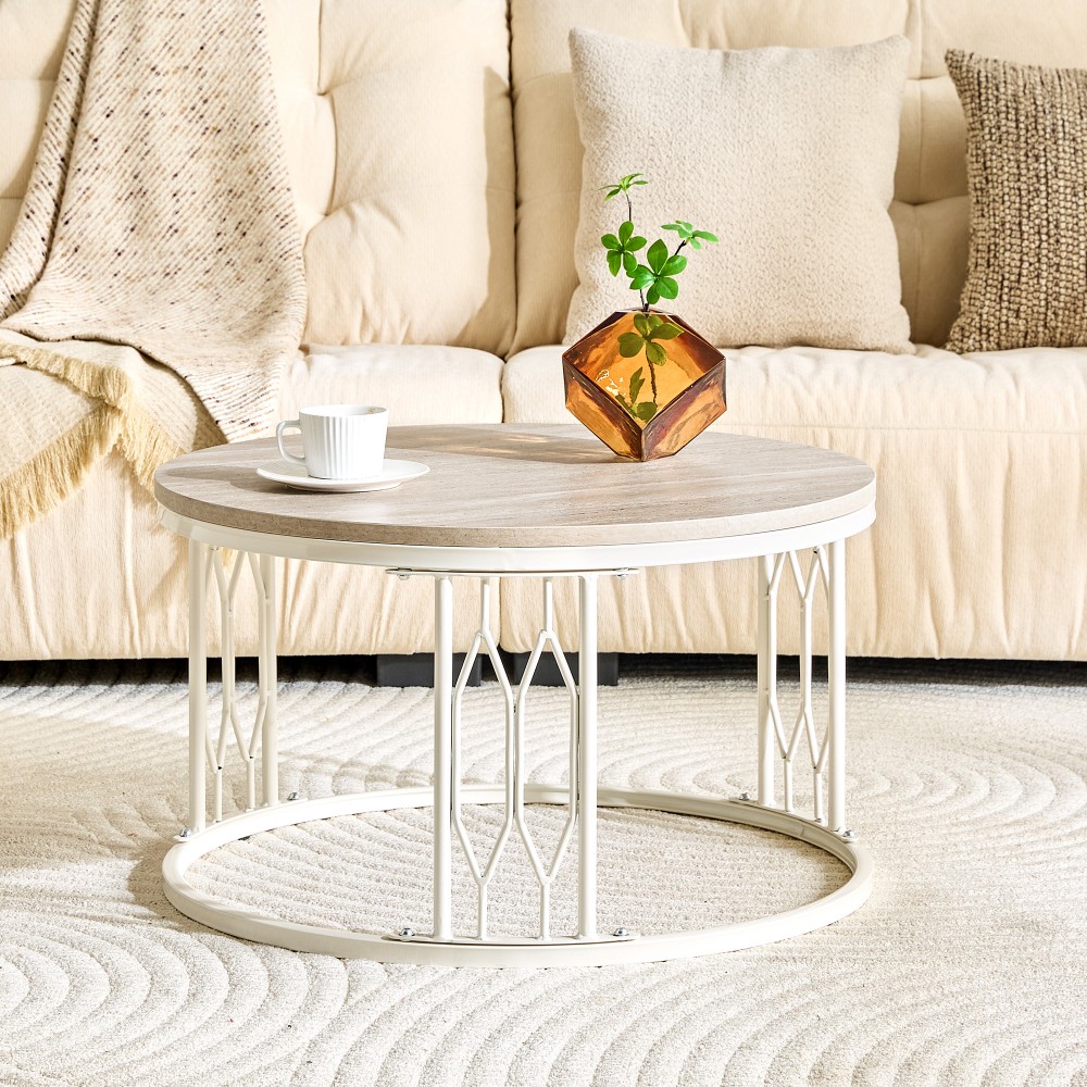 Round Coffee Table, 27.5" Coffee Table with Stone-Effect Travertine Top, Metal Frame, Modern Living Room Table, White