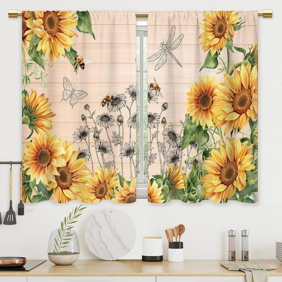 Farmhouse Wooden Sunflower Kitchen Curtains Country Bathroom Curtains Window Treatment Drapes Tier Rustic Plank Butterfly Cafe Small Bedroom Short French Door Curtains 2 Panels 27.5x39 Inch