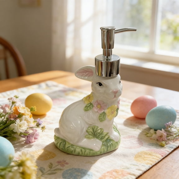 KOYPTL Bunny Soap Dispenser Easter Decorations Cute Rabbit Ceramic Soap Dispenser with Plastic Pump for Kitchen Sink & Bathroom Vanity Refillable Lotion Bottle Hand Soap Dispenser