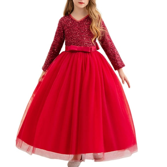 IVEYRTF Girls Long Sleeve Evening Gown Princess Dress for Pageant Party Wedding Banquet Flower Girl Piano Recital Performance Formal Dresses(Red,12-13 Years)