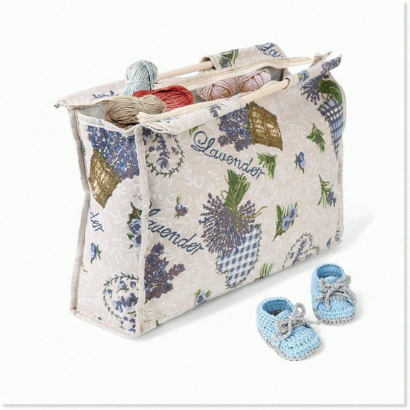 Purple Flower KnitPro Organizer Bag - Stylish Wood Handle Storage for Knitting Needles & Sewing Tools - 16.5x11.8x4.3in
