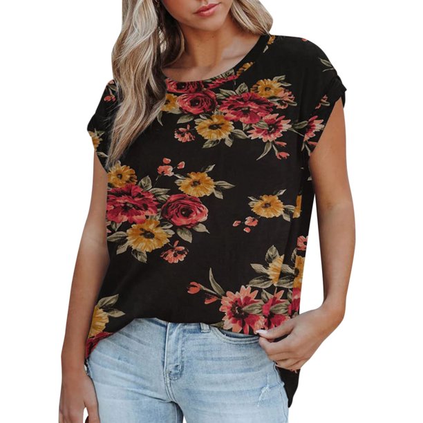 Gibobby Blusa Casual de Mujer Camiseta informal manga corta con hombros descubiertos para mujer, camiseta extragrande con estampado básico para e(Rojo,CH)